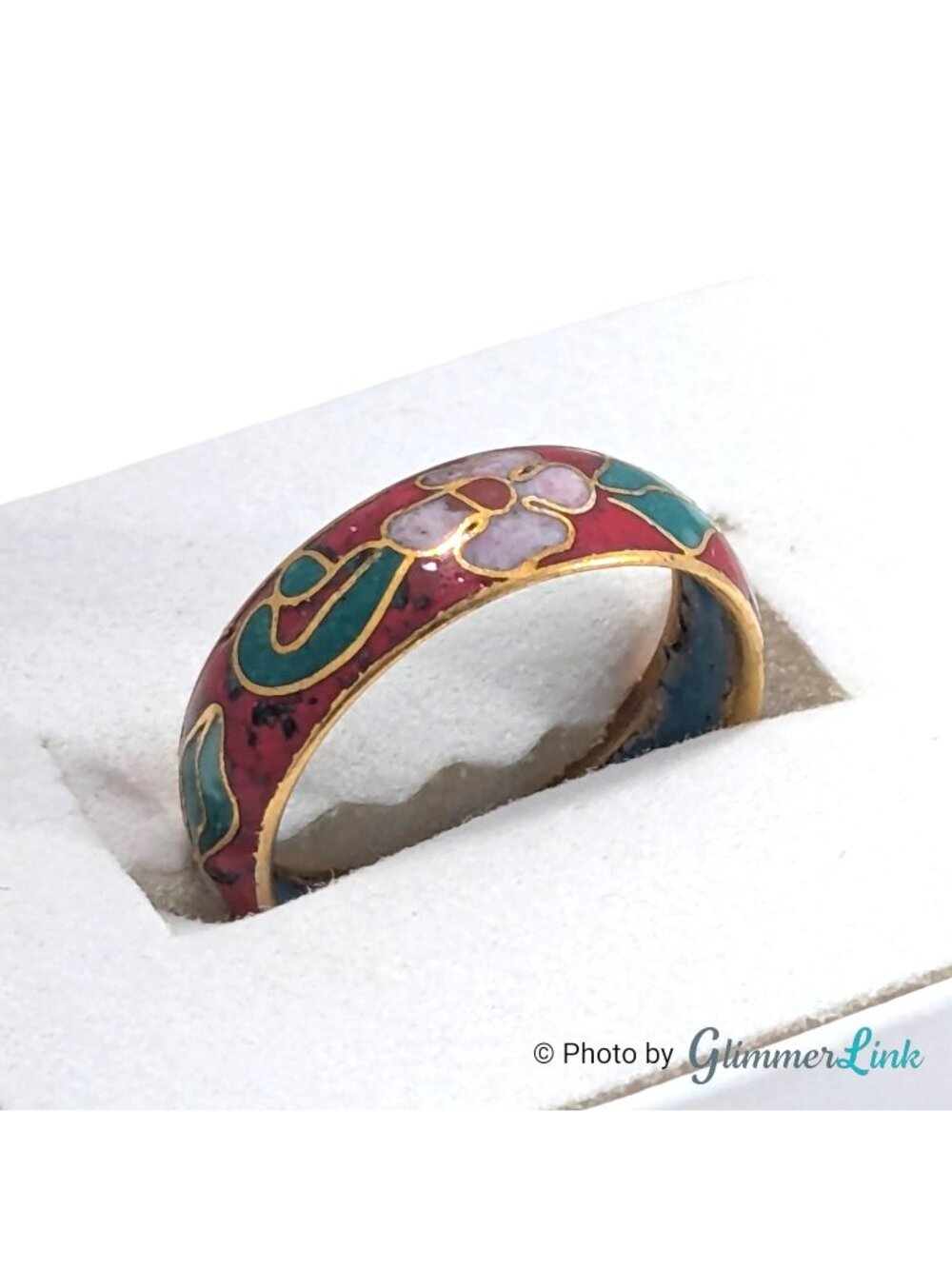 Vintage Red Cloisonne Floral Band Ring Gold Tone Size 6.25
